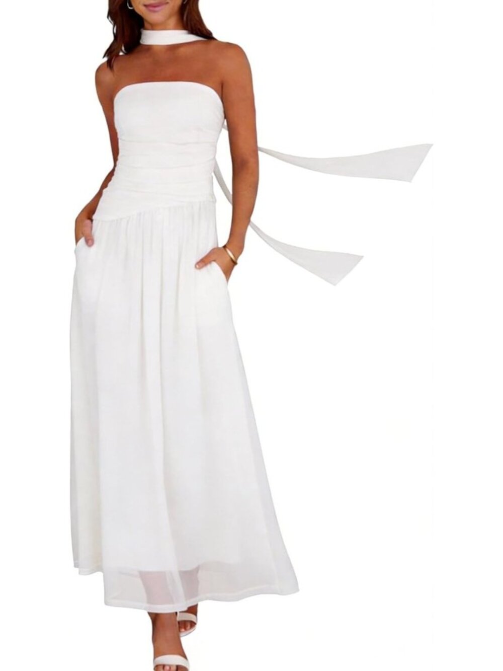 Women's White Strapless Ruched Elastic Waist Side Pocket Wedding Maxi Dresses